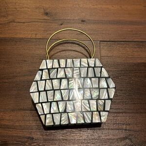 Ramla Mosaic Handmade Moroccan mother pearl Handbag w/ gold color chain/handle.